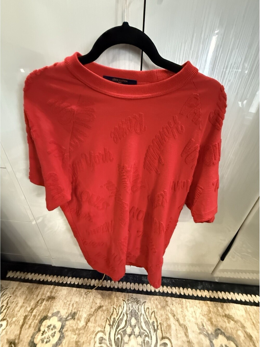 Louis Vuitton Red Embossed Logo Short Sleeve Sweater M